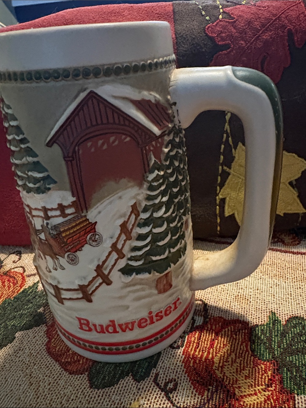 Budweiser Red and Green Holiday Ceramic Stein